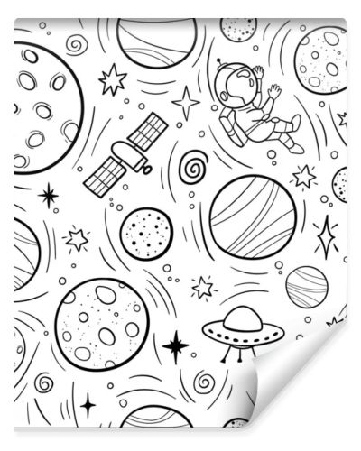 Hand drawn space banner template. Space doodle Vector illustration with cartoon rocket, planets, stars. Universe for your design