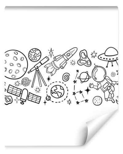 Hand drawn space banner template. Space doodle Vector illustration with cartoon rocket, planets, stars. Universe for your design