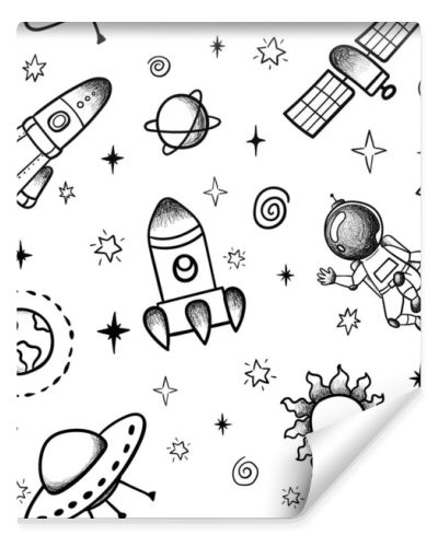 Hand drawn space banner template. Space doodle Vector illustration with cartoon rocket, planets, stars. Universe for your design