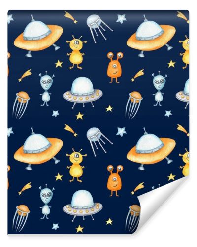Space Seamless pattern with Astronaut, cosmonaut, Space rocket, Flying saucer UFO, Spaceship, alien, Unidentified flying object, stars. Watercolor kids fabric design, wrapping paper, background