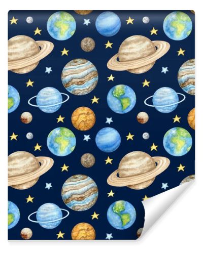 Planets of the solar system Seamless pattern. Outer Space planet Mercury Venus Earth Mars Jupiter Saturn Uranus Neptune Pluto with Sun. Watercolor kids fabric design, wrapping paper, background