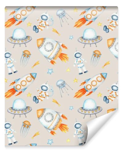 Space Seamless pattern with Astronaut, cosmonaut, Space rocket, Flying saucer UFO, Spaceship, alien, Unidentified flying object, stars. Watercolor kids fabric design, wrapping paper, background