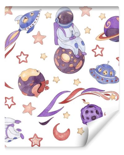 Seamless pattern from a set of watercolor illustrations of astronauts, planets, rocket, flying saucer, kamet, stars and moon in blue, purple, red, cream colors isolated on white background. Size 20 by 20 cm, 600 dpi