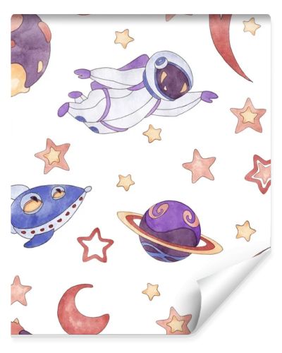 Seamless pattern set of watercolor illustrations of flying astronaut, planets, rocket, stars and moon in blue, purple, red, cream colors isolated on white background