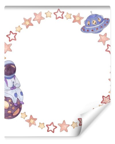Wreath from a set of watercolor illustrations of pink stars, an astronaut sitting on the planet who controls a flying UFO in blue, purple, red, cream colors isolated on a white background