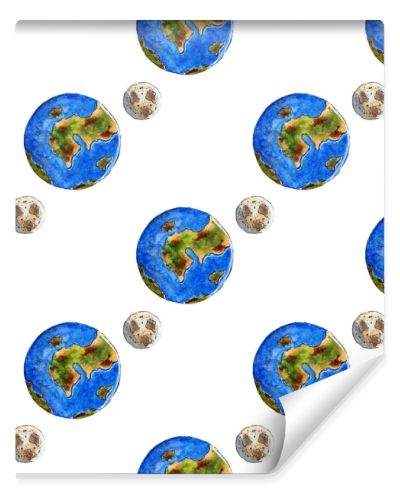 Watercolor illustrations of celestial bodies. Seamless repeating background with hand drawn moon and earth. Template for a space banner or poster. Elements of cosmonautics. Isolated on white.