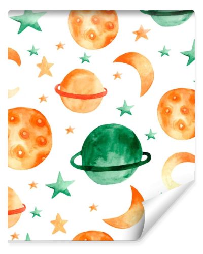 A seamless watercolor pattern with space, planets, stars,and the moon. Children's illustration with space and stars for the design of children's clothing, fabrics, and rooms. Cute pattern for kids