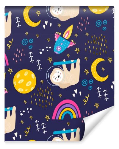 Seamless pattern with sloth, moon, stars, space, rainbow. Cute sloth in a space suit in space. Vector pattern with an animal for decorating clothes, fabrics, and children's rooms. Flat doodle style.