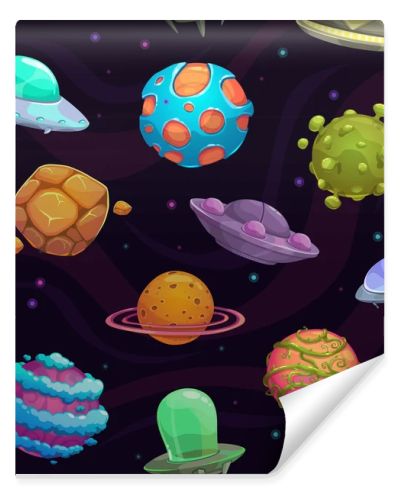 Seamless pattern with ufos and fantastic planets