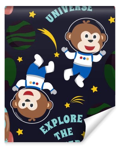 Seamless pattern cute astronaut  monkey in space with cartoon style. space rockets, planets, stars. Creative vector childish background for fabric, textile, nursery wallpaper, card, poster.
