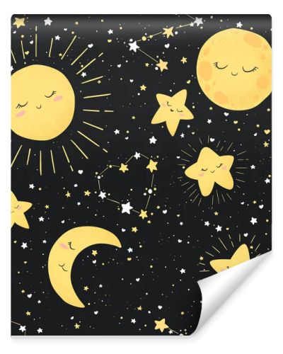 Seamless vector pattern with cute hand drawn cartoon moon, sun and stars isolated on black background. Design for print, fabric, wallpaper, card, baby room decoration