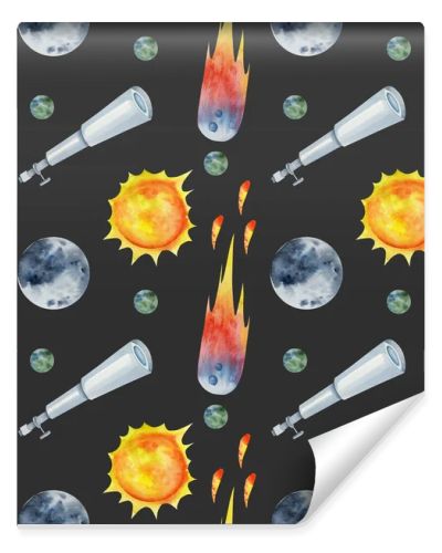 Seamless pattern of watercolor space elements (planets, comets, telescope), hand drawn illustration on dark background