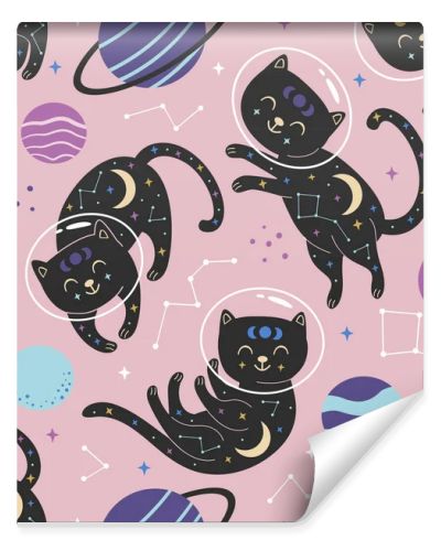 seamless pattern with celestial cats in space on pink background