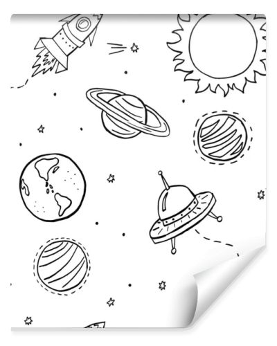 Black and white cosmic vector seamless pattern. Space texture for baby boy stuff design. Cute pattern with hand drawn elements for covers, wall paper, wrapping paper, fabric and other child designs