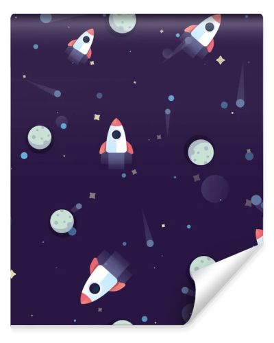 Pattern space rocket flying in cosmos space on background planets, meteorites and stars. Space ship in dark night cosmos seamless pattern.