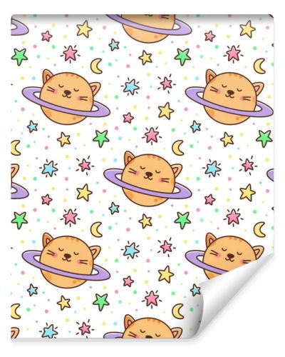 Seamless pattern with cat planet and stars, moon on a white background. It can be used for packaging, wrapping paper, textile and etc. Excellent print for children's clothes, bed linens, etc.