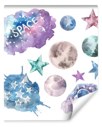 Watercolor set with planets stars and space