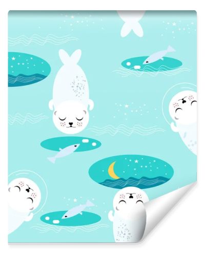 Seamless pattern with cute fur seals.Ice hole with fishes and waves.Walrus cosmonaut or sea calf in space around stars.Arctic theme print in kawaii style for fabric,childish clothes or phone case