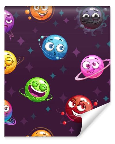 Seamless pattern with funny planets on the space background. Cartoon childish cosmic texture.