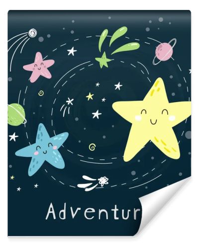 Cute cartoon moon, stars, comets and planet in the night sky. Inscription ladventure. Bright vector illustration suitable for greeting card, poster or print on a T-shirt. Doodle illustration for kids vector print.
