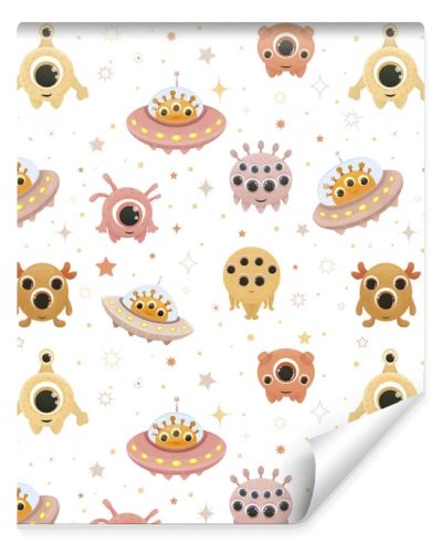  Space theme, boho colors, seamless pattern with cartoon aliens, monsters and decorative stars, pattern, children's pattern