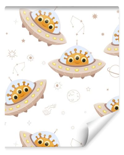 Space theme, boho colors, seamless pattern with funny aliens and decorative elements, comet, planet, sun, stars, pattern, kids pattern