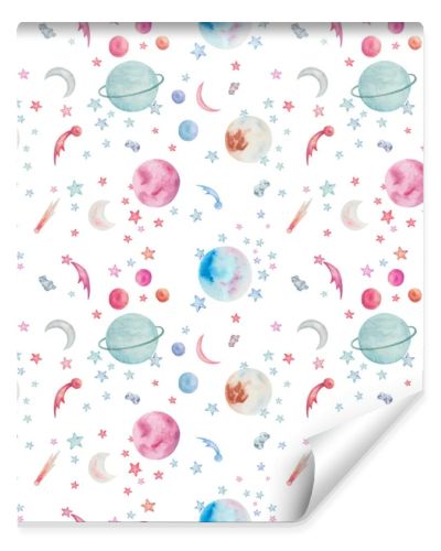 Watercolor illustration. Seamless pattern of hand painted planets, stars, moon, meteorite, asteroid. Celestial bodies in outer space. Pluto, Uranus, Venus. Space Day. Print on white background