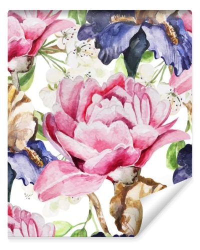 Seamless pattern with watercolor flowers. Iris. Peonies
