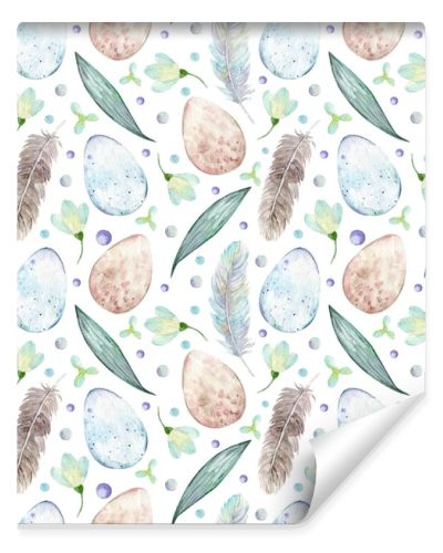 Easter seamless pattern with flowers, easter eggs, leaves and feathers. Cute spring floral pattern. Nature illustration for design or fabric. Perfect for the easter greeting cards, wedding invitation
