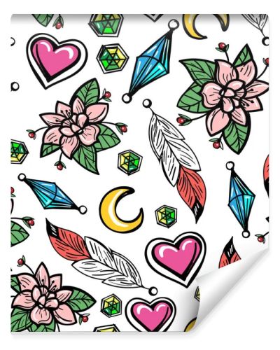 Seamless pattern with flowers and feathers