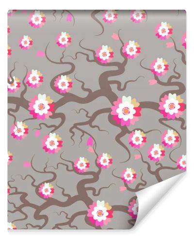 Sakura seamless pattern Nature background with blossom branch of pink flowers. Cherry tree brown branches japanese pattern pastel colors on gray background. Vector illustration