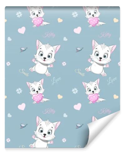 Seamless pattern smile kitty with heart and butterfly