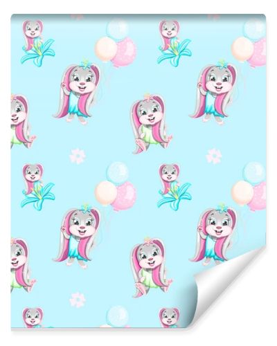 Seamless pattern cute rabbit with flower and balloons