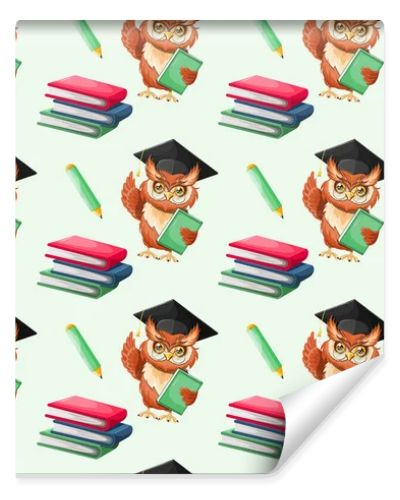 Seamless pattern smart owl graduate with books and pencil