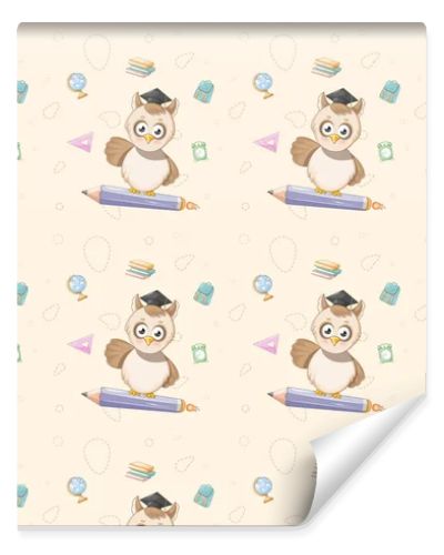 Seamless pattern. Smart cartoon owl flying on a pencil