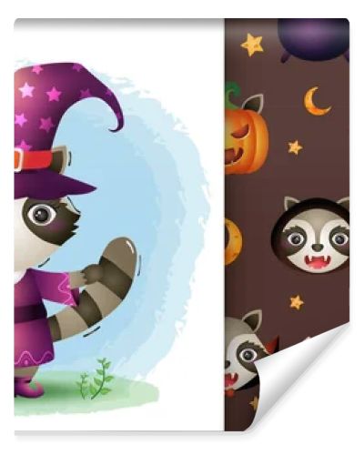 a cute raccoon with costume halloween character collection. seamless pattern and illustration designs
