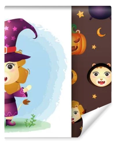 a cute lion with costume halloween character collection. seamless pattern and illustration designs