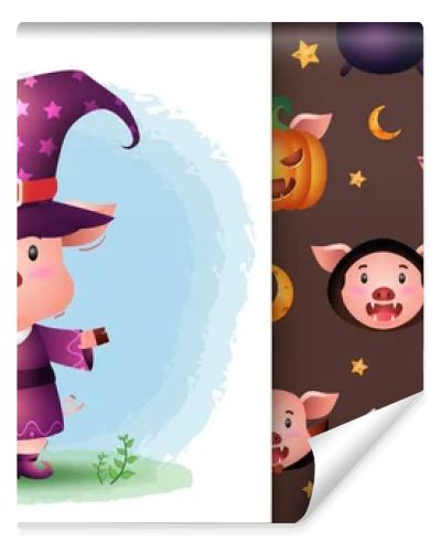 a cute pig with costume halloween character collection. seamless pattern and illustration designs