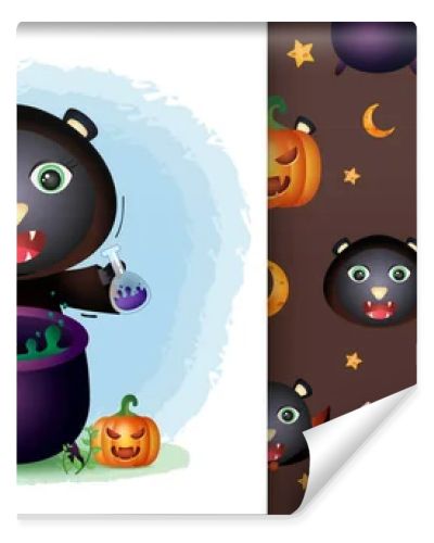 a cute black cat with witch costume halloween character collection. seamless pattern and illustration designs