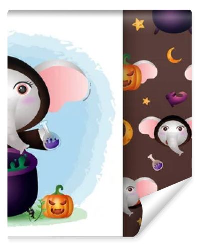 a cute elephant with witch costume halloween character collection. seamless pattern and illustration designs