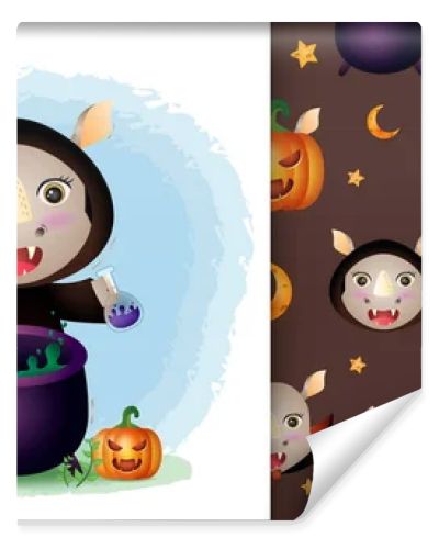 a cute rhino with witch costume halloween character collection. seamless pattern and illustration designs