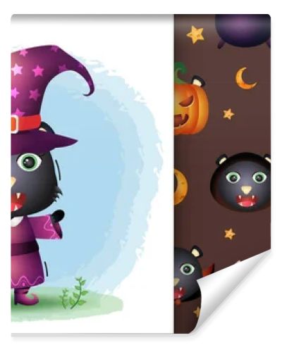 a cute black cat with costume halloween character collection. seamless pattern and illustration designs