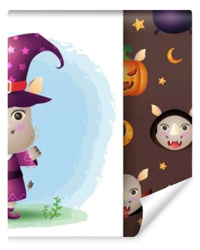 a cute rhino with costume halloween character collection. seamless pattern and illustration designs