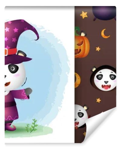 a cute panda with costume halloween character collection. seamless pattern and illustration designs