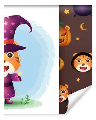 a cute tiger with costume halloween character collection. seamless pattern and illustration designs