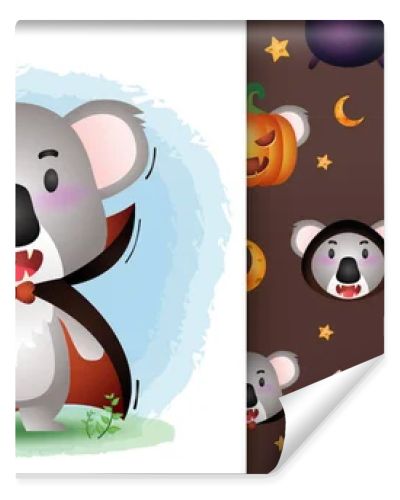 a cute koala with dracula costume halloween character collection. seamless pattern and illustration designs