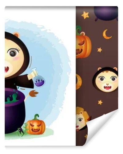 a cute lion with witch costume halloween character collection. seamless pattern and illustration designs