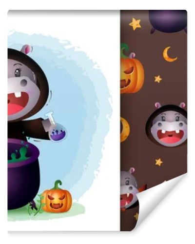a cute hippo with witch costume halloween character collection. seamless pattern and illustration designs