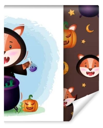 a cute fox with witch costume halloween character collection. seamless pattern and illustration designs