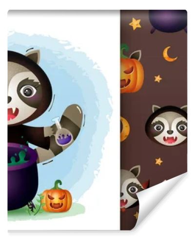 a cute raccoon with witch costume halloween character collection. seamless pattern and illustration designs